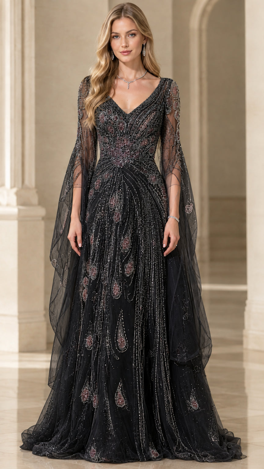 Full-length front view of black beaded evening gown with cape sleeves