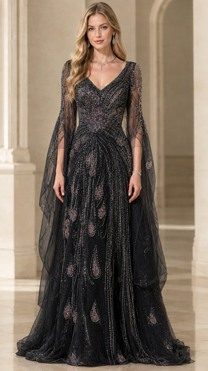 Full-length front view of black beaded evening gown with cape sleeves