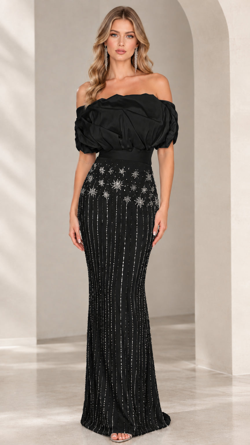 Black off-the-shoulder beaded mermaid evening gown