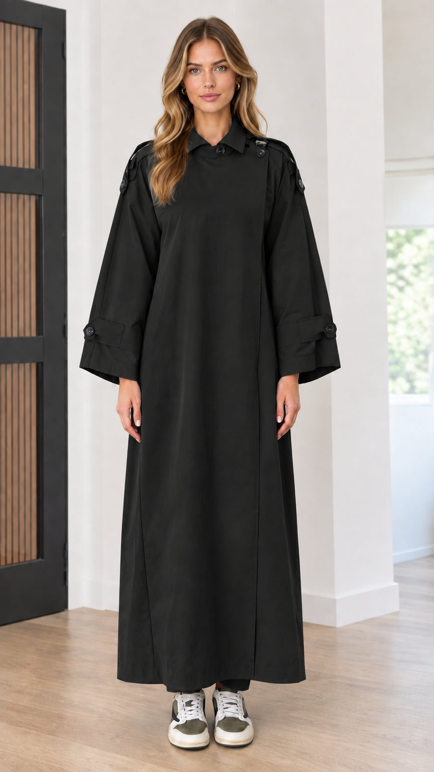 Front view of long trench maxi dress in black
