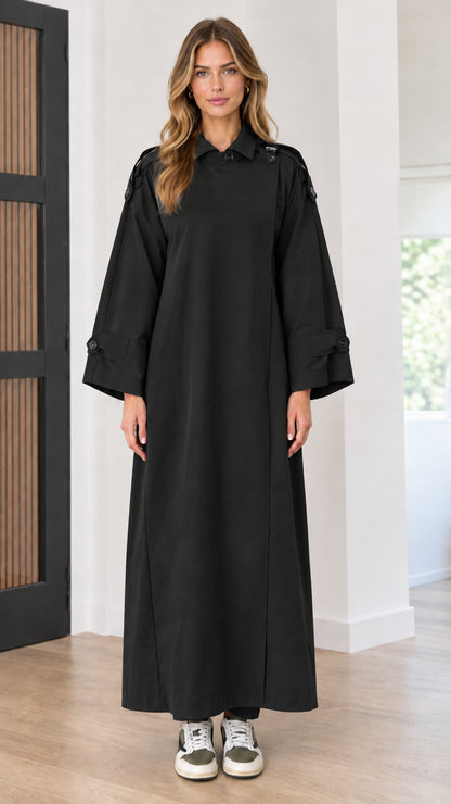 Front view of long trench maxi dress in black