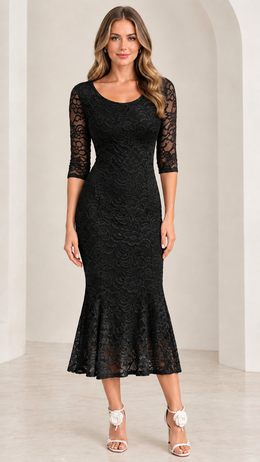 Black floral lace 3/4 sleeve mermaid midi dress