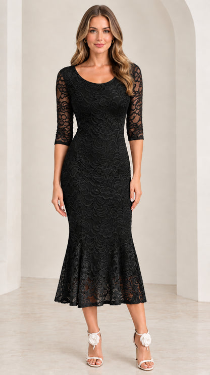 Black floral lace 3/4 sleeve mermaid midi dress