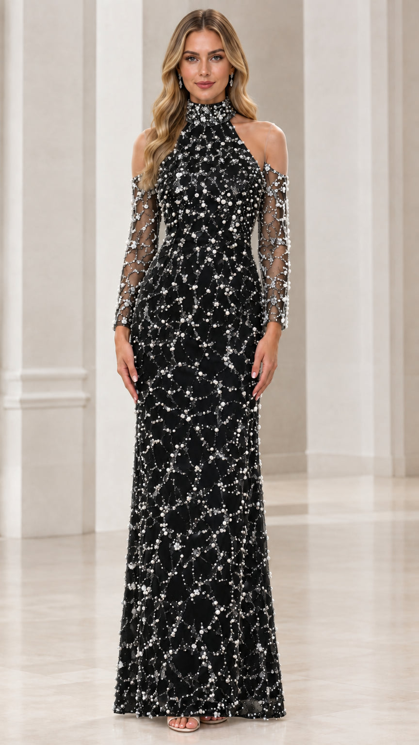 Black pearl embellished cold-shoulder evening gown