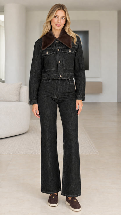 Full front view of Washed Black cropped denim jacket and flare pants set