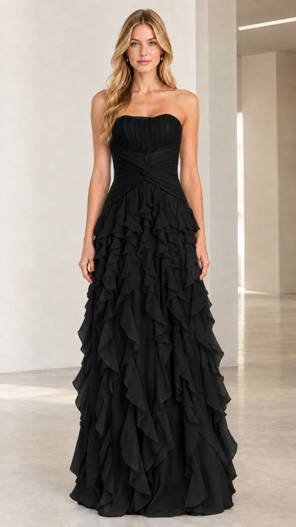 Full-length front view of classic black strapless tiered ruffle evening gown