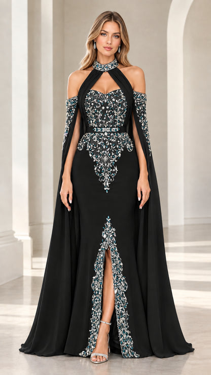 Black beaded halter neck evening gown with dramatic cape sleeves