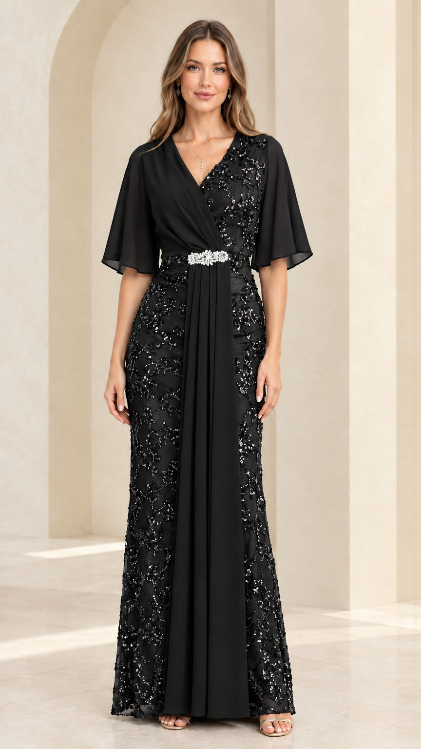 Black sequin lace and chiffon floor-length formal evening gown