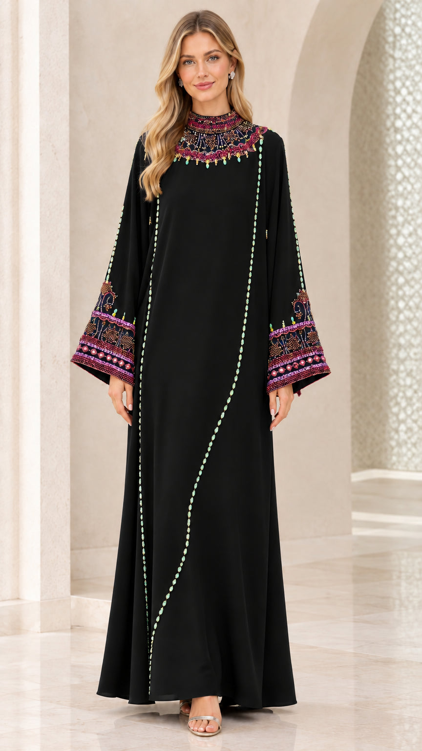 Black long sleeve beaded high neck kaftan maxi dress