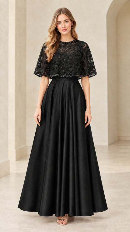 Black lace capelet evening maxi dress with satin pleated skirt