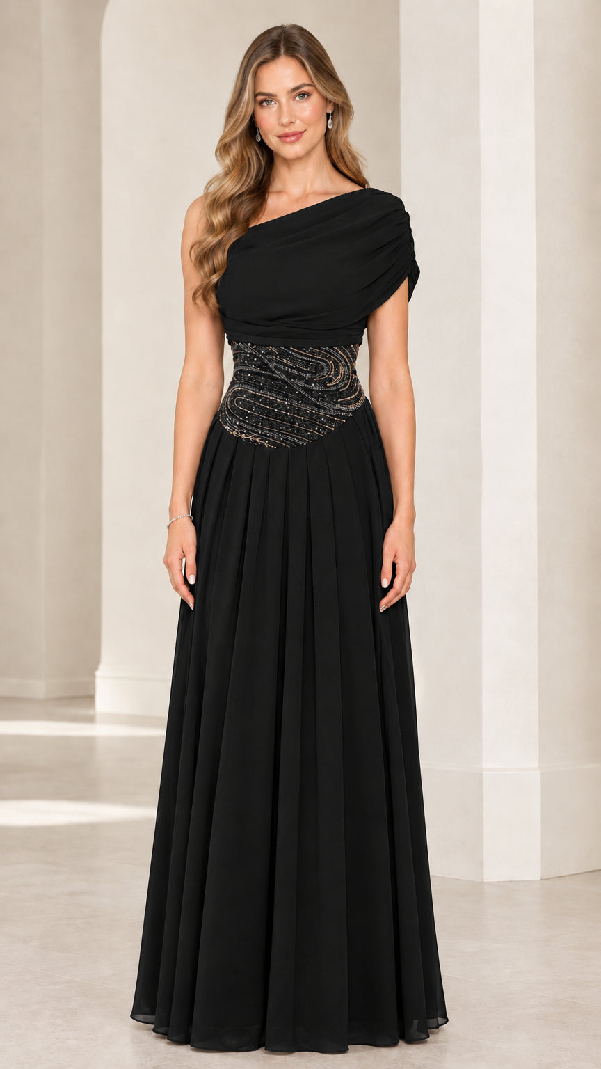 Front view of black one-shoulder draped formal evening gown