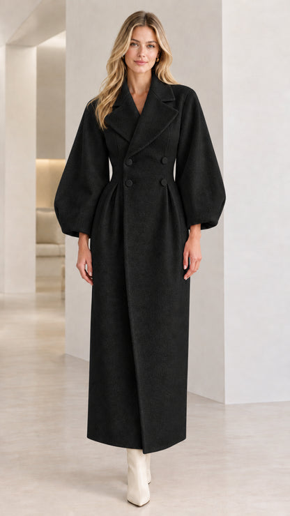 Full front view of Black double-breasted balloon sleeve maxi coat