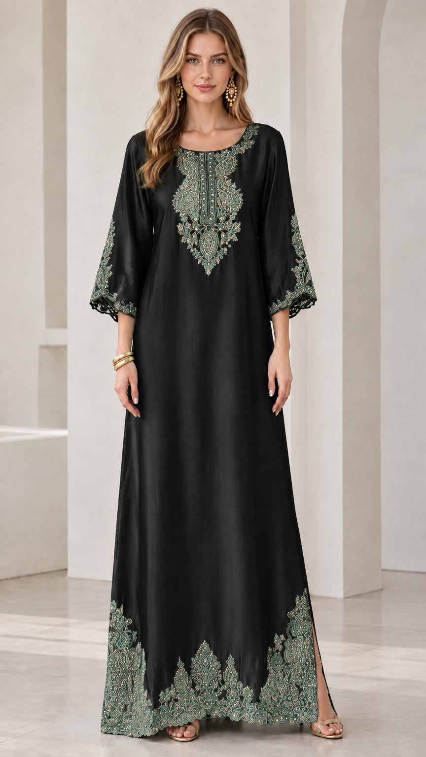 Black satin embroidered kaftan maxi dress on model