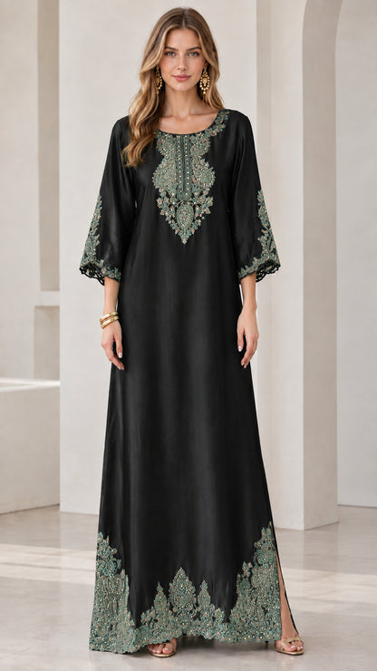 Black satin embroidered kaftan maxi dress on model