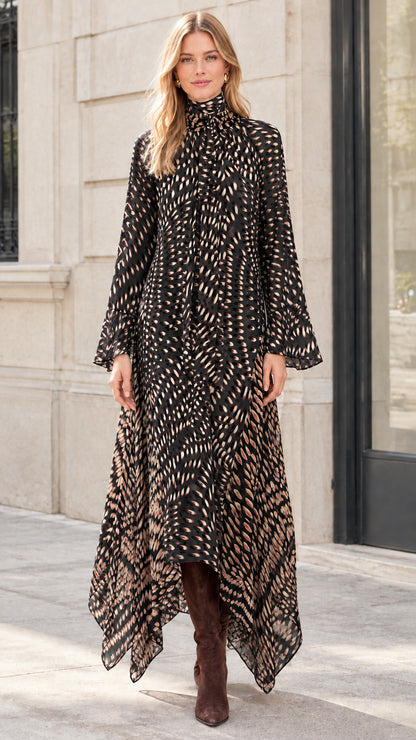 Model wearing Black printed handkerchief hem long sleeve maxi dress