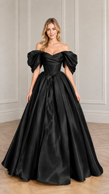 Model wearing black off-the-shoulder corset satin ball gown