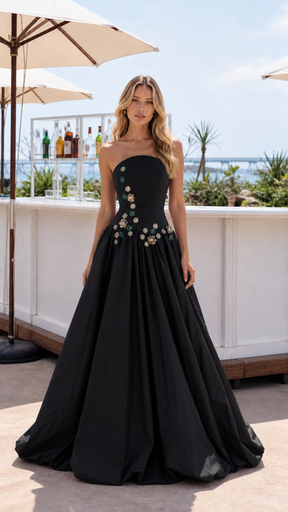 Black strapless crystal embellished corset A-line formal gown