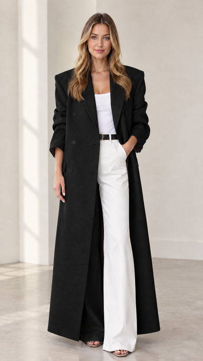 Full front view of black floor-length maxi tailored duster coat