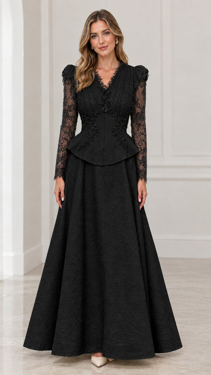 Front view of black long sleeve lace peplum formal maxi dress