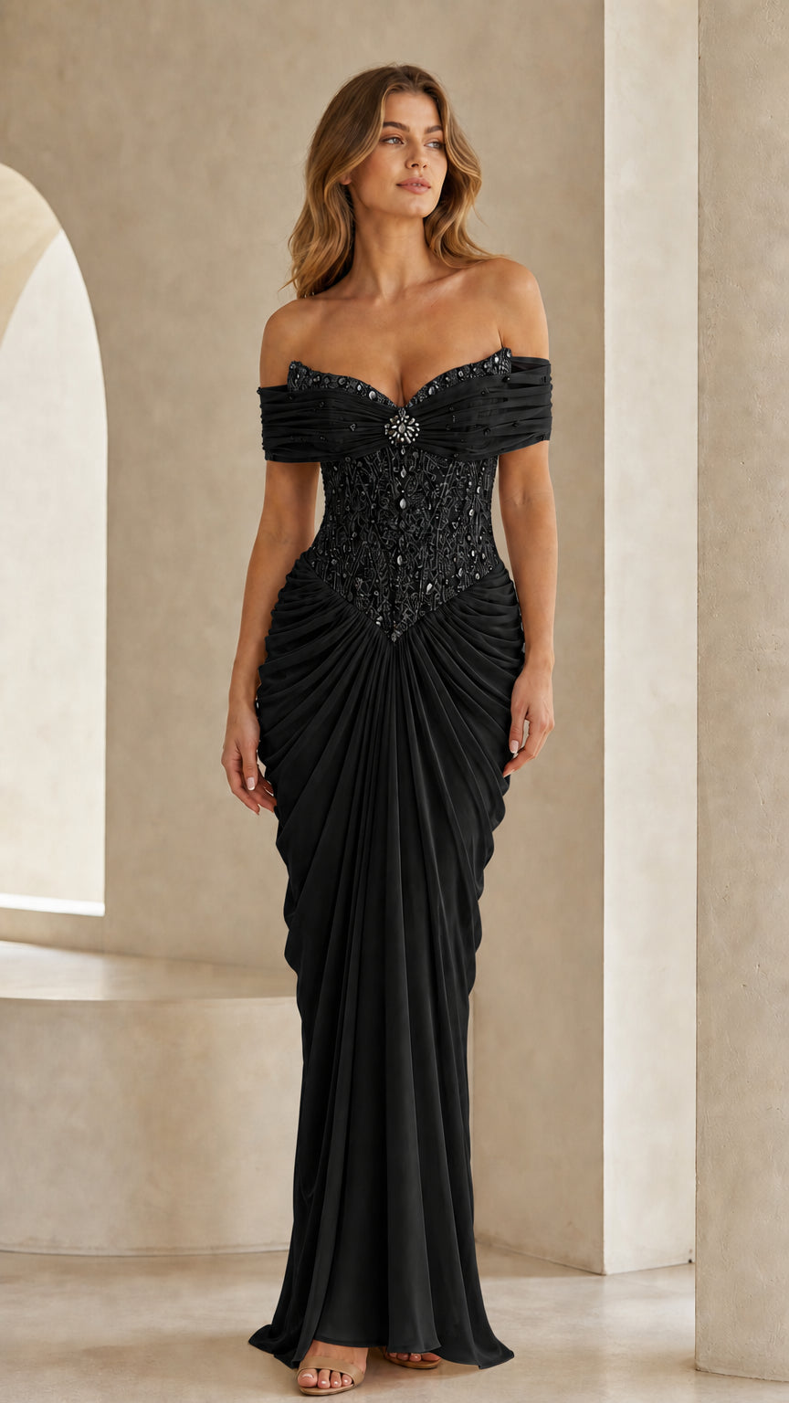 Full front view of black off-the-shoulder beaded evening gown