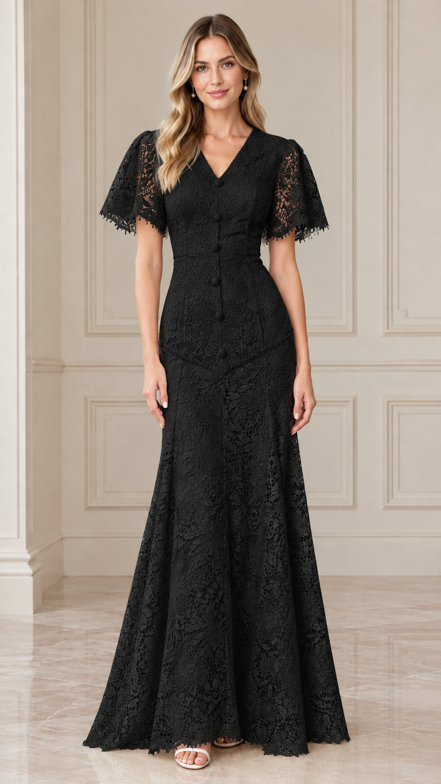Front view of woman wearing black floral lace V-neck mermaid maxi evening dress