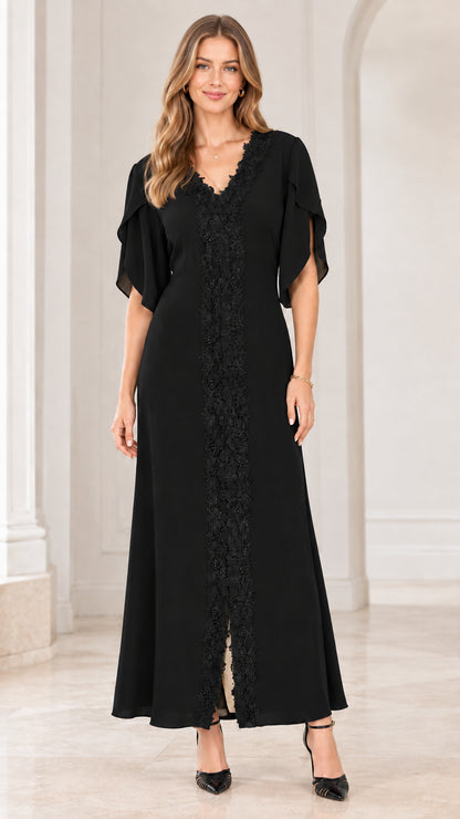 Full front view of model wearing classic black lace trim maxi dress