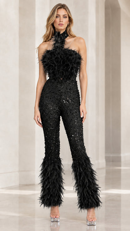 Black feather bodice halter sequin jumpsuit full front view