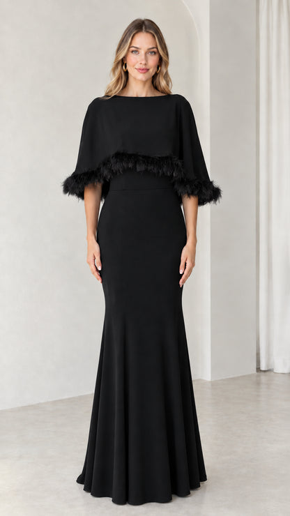 Black feather trim capelet floor-length mermaid evening gown