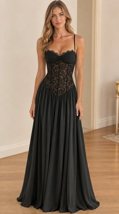 Model wearing black sweetheart lace corset formal maxi dress