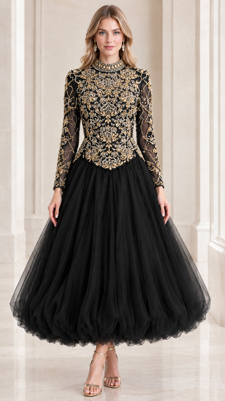 Black long sleeve embellished tulle evening ball gown