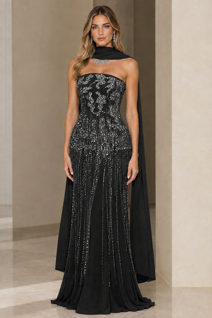 Black strapless beaded floor-length evening gown with draped neck scarf