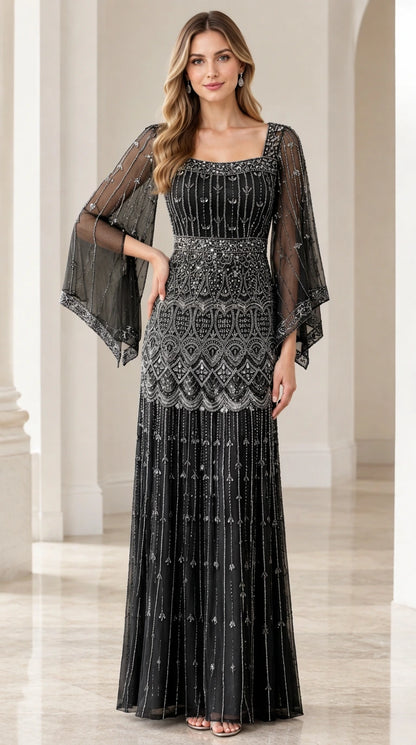 Black beaded evening gown with sheer capelet flutter sleeves