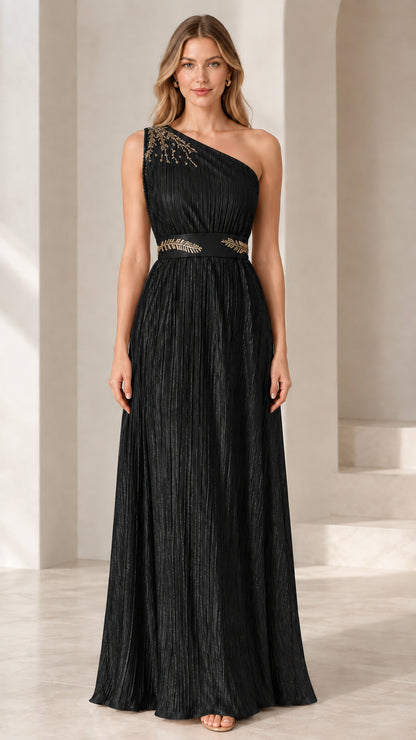 Front view of model wearing Black one-shoulder pleated evening gown
