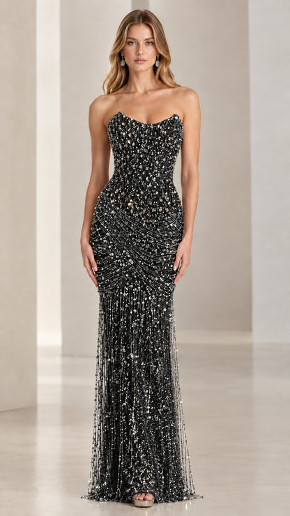 Strapless beaded sequin column evening gown in black