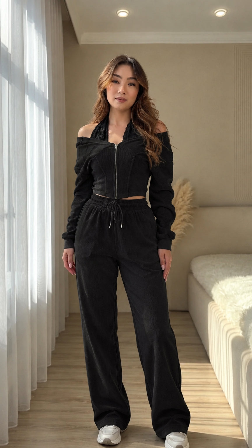 Black off-shoulder zip-up hoodie and wide-leg pants two-piece set
