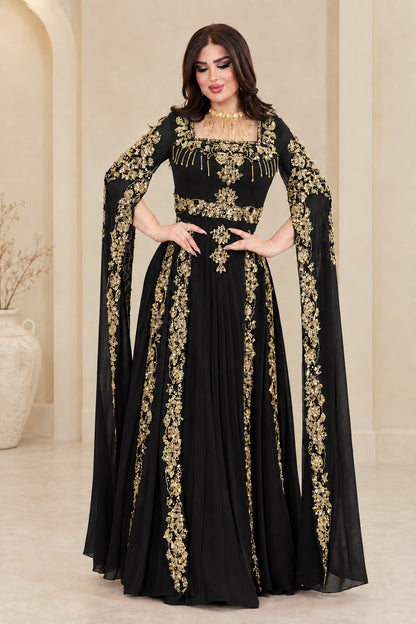Black embroidered cape sleeve evening kaftan gown