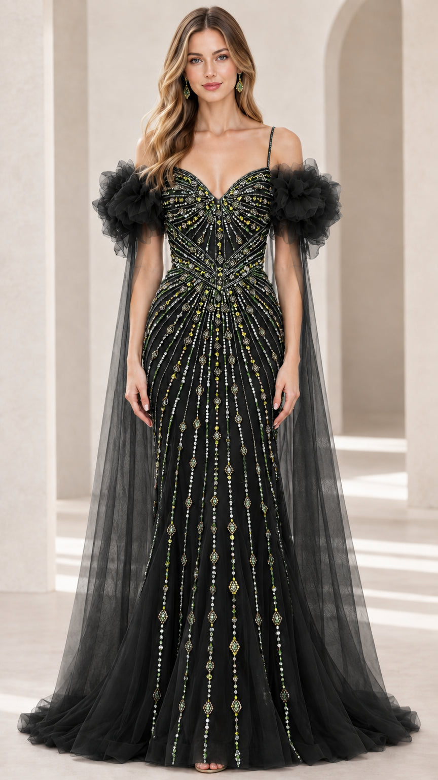 Front view of black beaded mermaid gown with black tulle cape sleeves