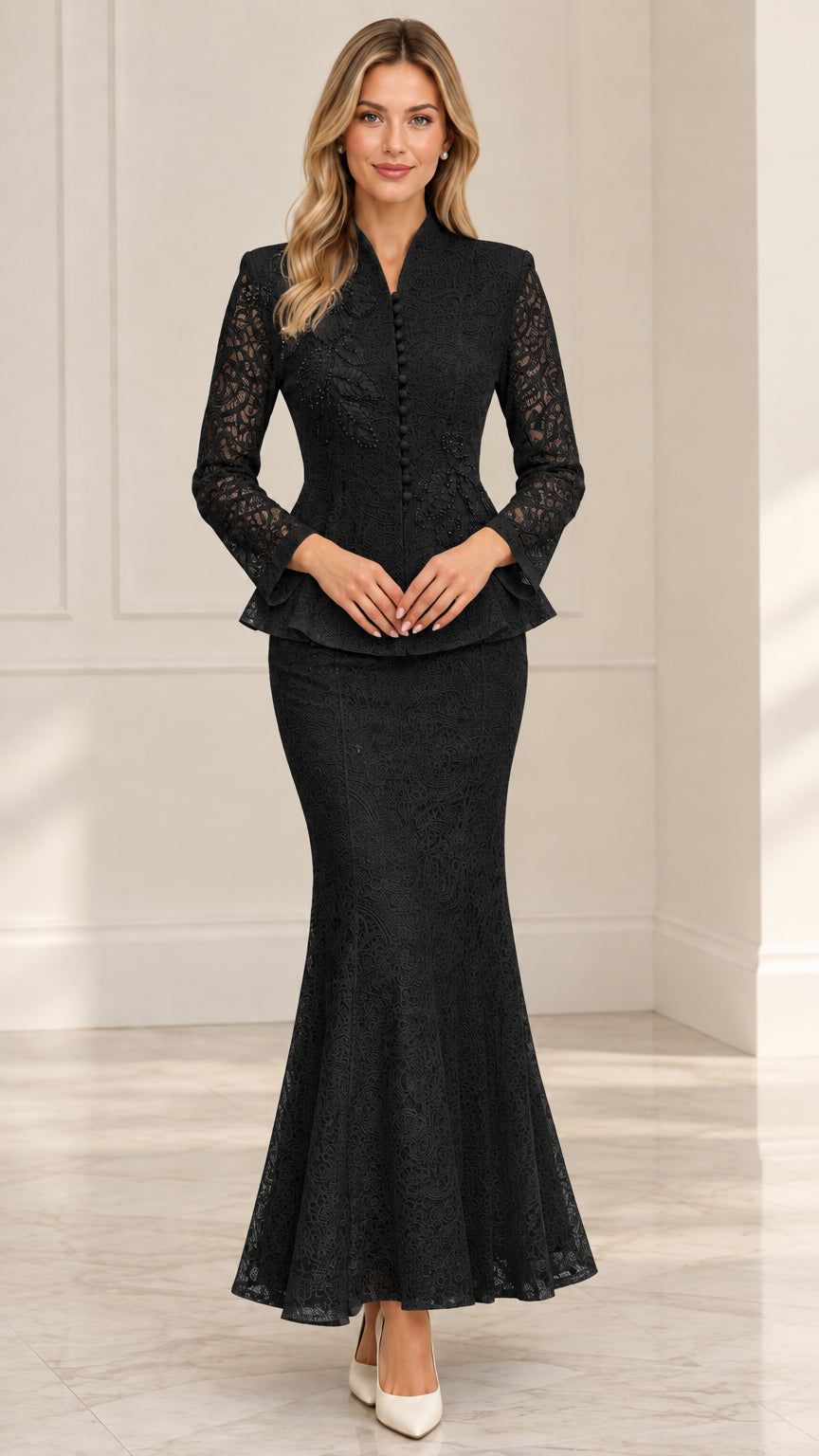 Front view of model wearing Black floral lace peplum jacket and maxi skirt suit