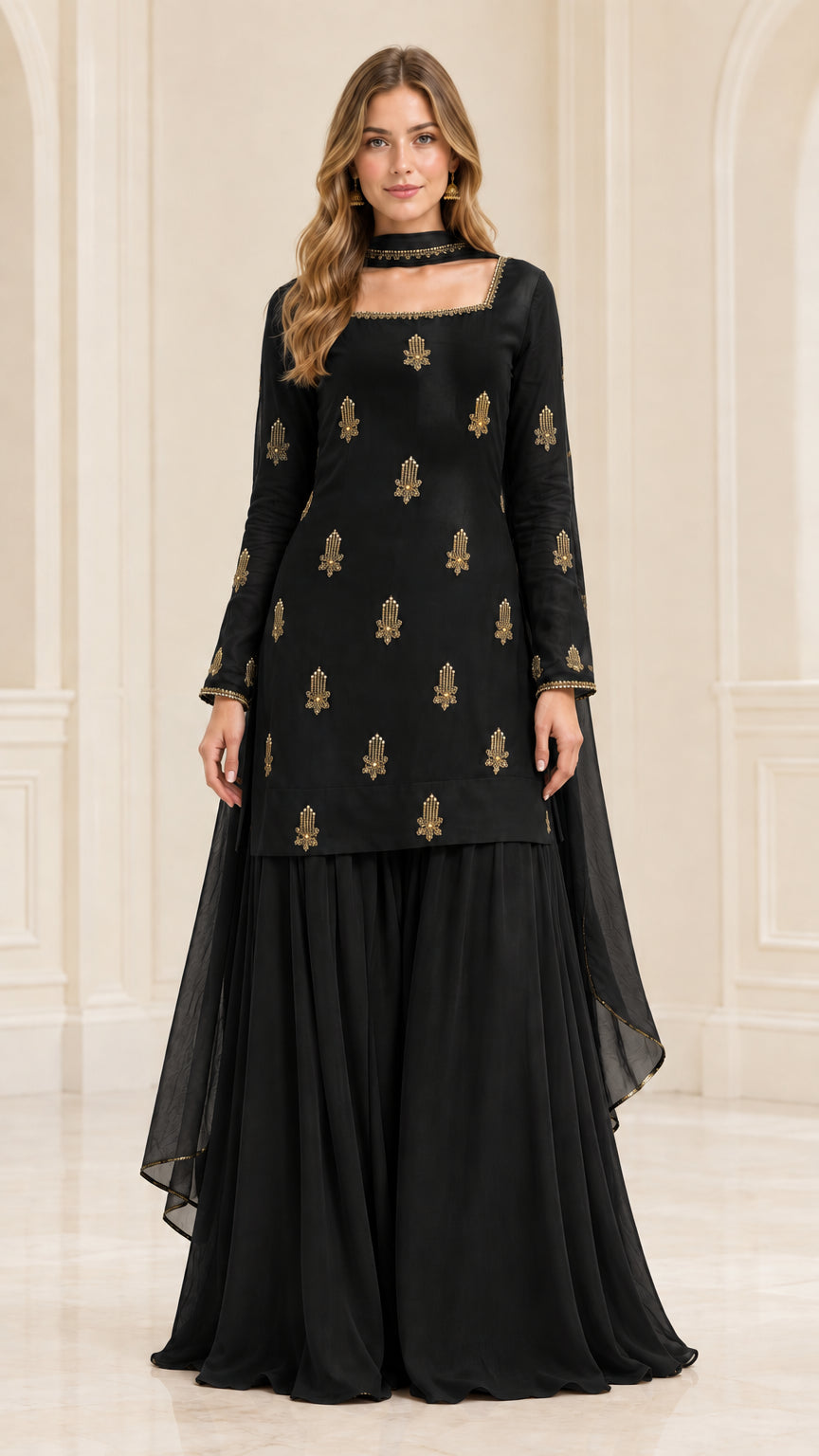 Model wearing classic black embroidered kurta sharara suit set