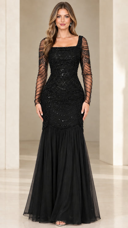 Front view of black beaded long sleeve square neck mermaid formal dress