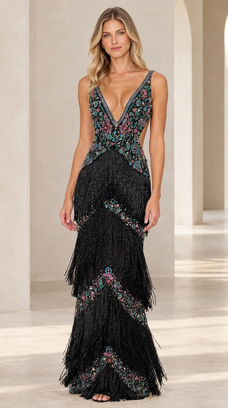 Black beaded plunging neckline evening gown with tiered fringe skirt
