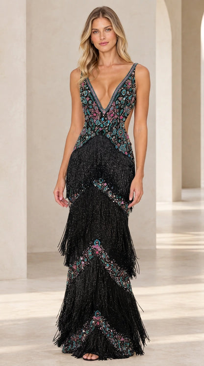 Black beaded plunging neckline evening gown with tiered fringe skirt