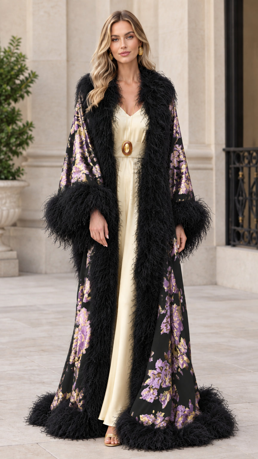 Black floral jacquard maxi duster robe with matching black feather trim