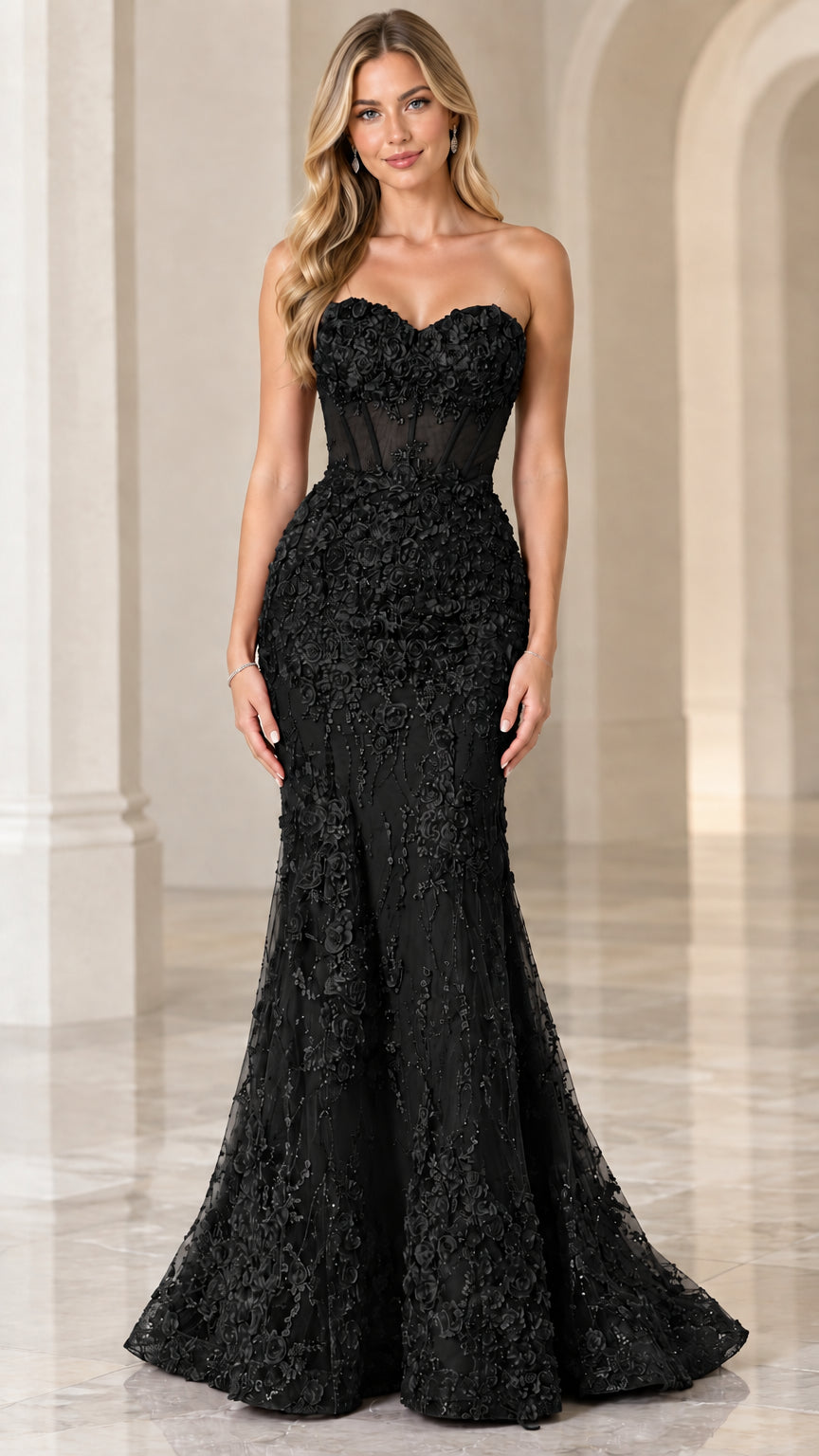 Front full view of black strapless 3D floral lace mermaid evening gown