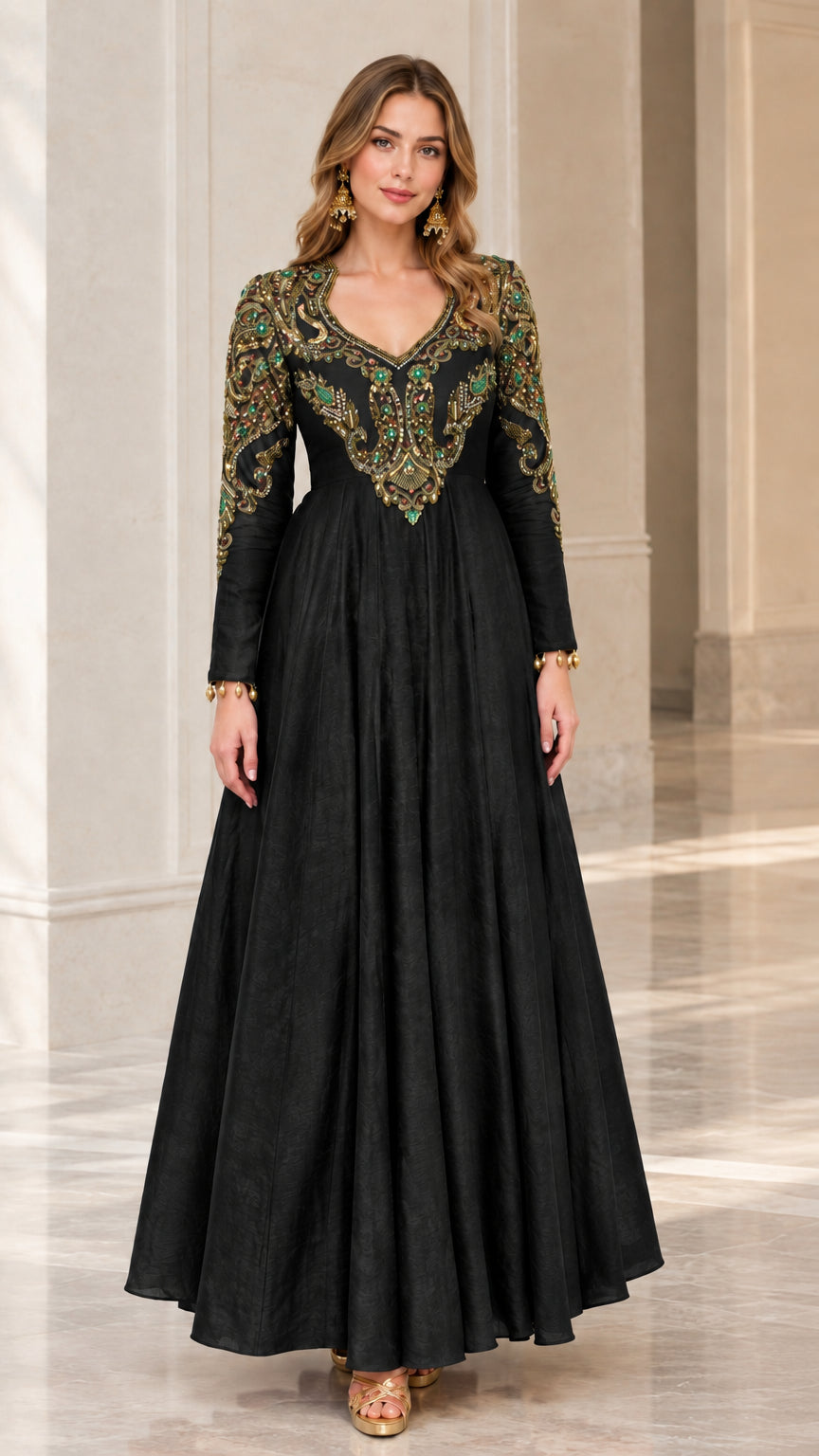 Full-length view of woman in a Black embroidered long sleeve evening maxi dress