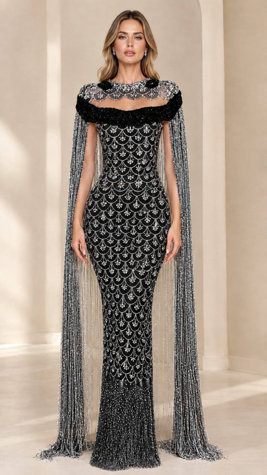 Front view of Black Embellished Fringe Cape Evening Gown