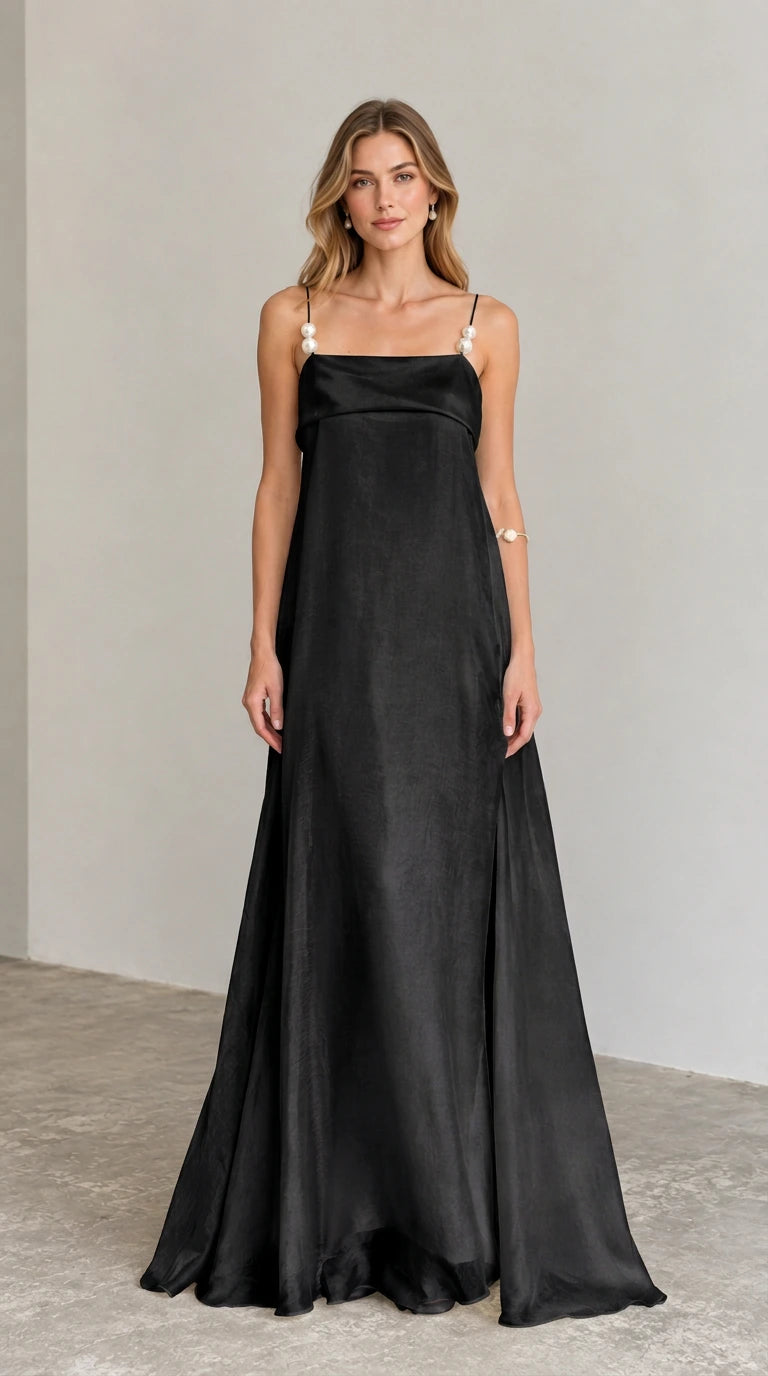 Black pearl strap low back maxi dress front view