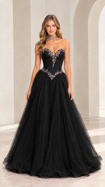 Model wearing black strapless crystal beaded tulle ball gown