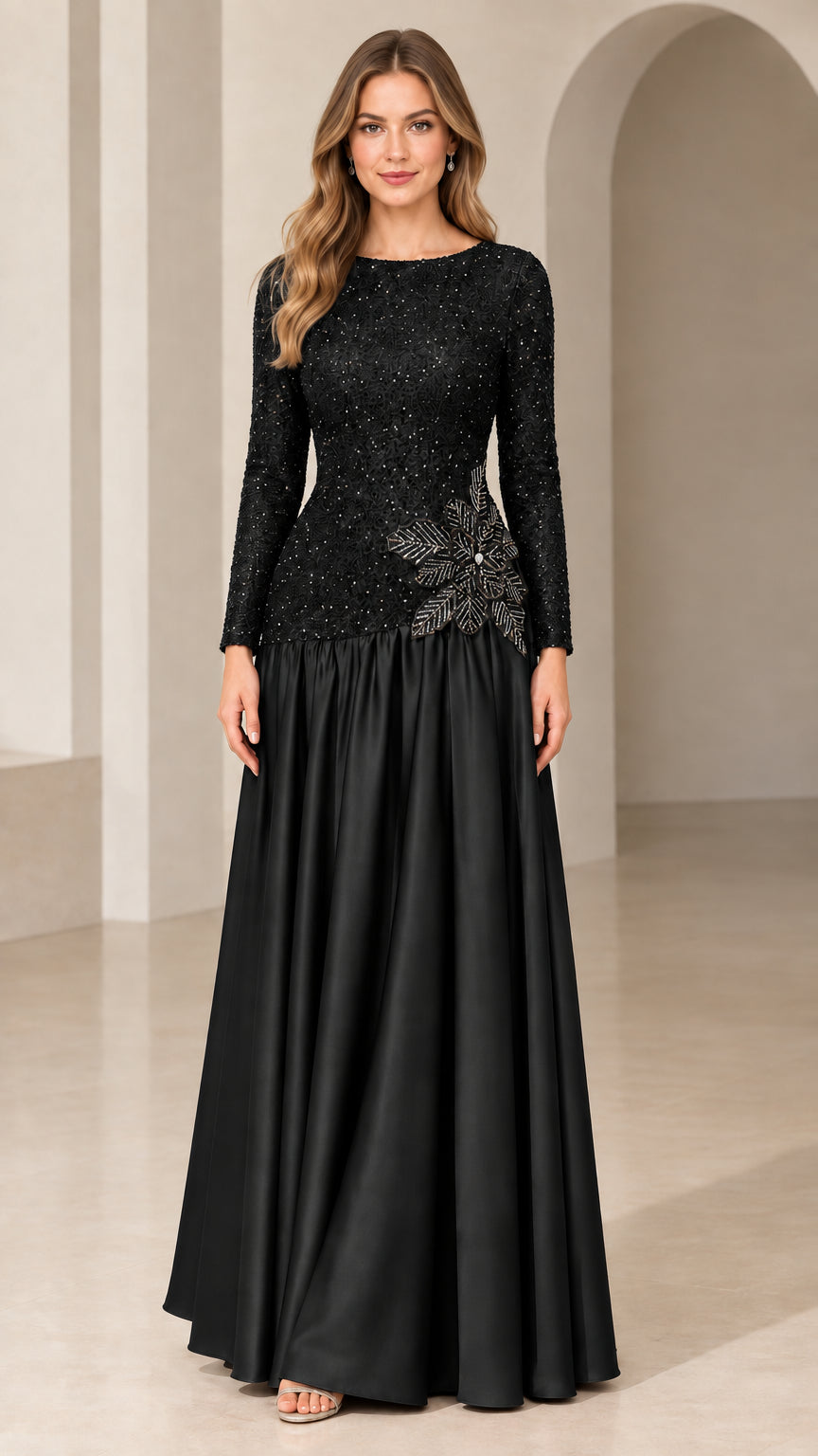 Black long sleeve sequin drop waist formal maxi evening dress