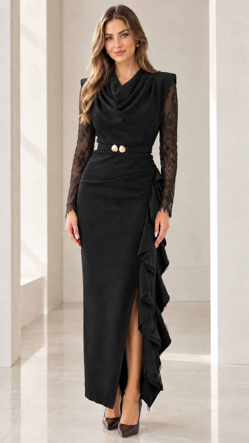 Front view of model wearing Black cowl neck lace sleeve evening gown